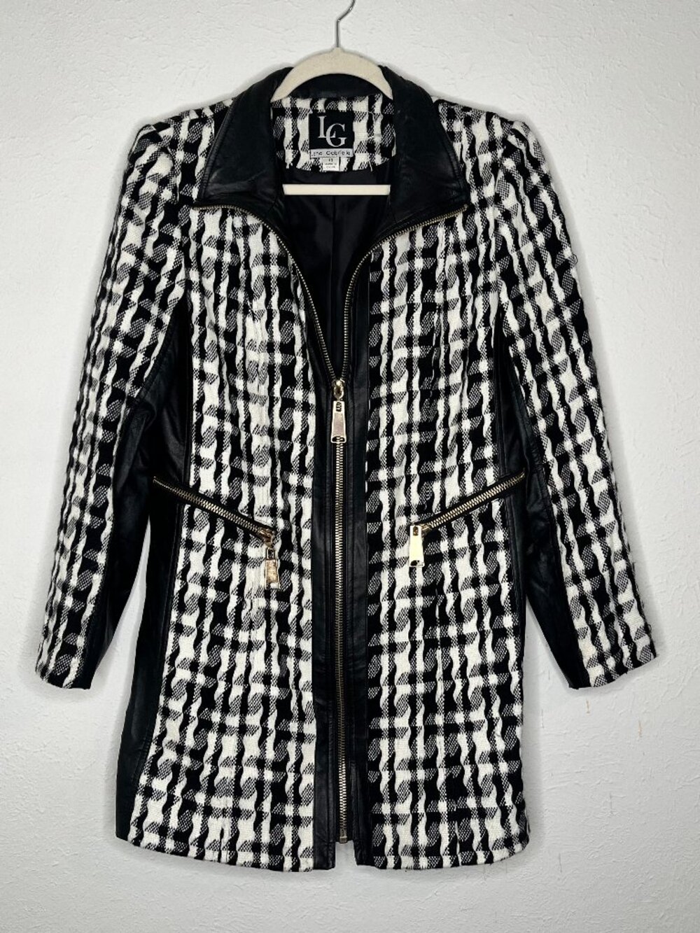 Women's Lena Gabrielle Houndstooth Mid-Length Coat Tweed & Pleather Size 8